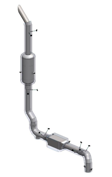 Typical dry exhaust gas system with exhaust gas aftertreatment (SCR/DPF)